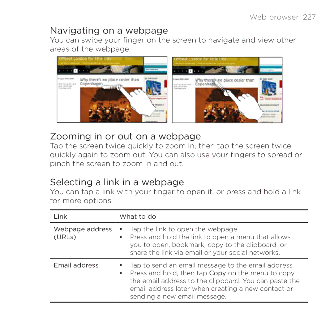 HTC Thunderbolt manual Navigating on a webpage, Zooming in or out on a webpage, Selecting a link in a webpage, Web browser  